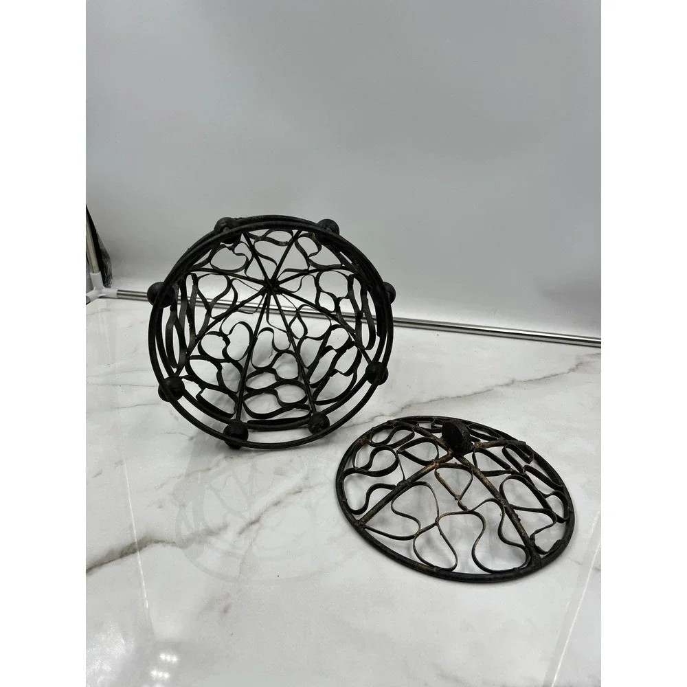 Vintage Wrought Iron Acorn Basket Decorative Scroll Wire Jar with Lid Fall Decor